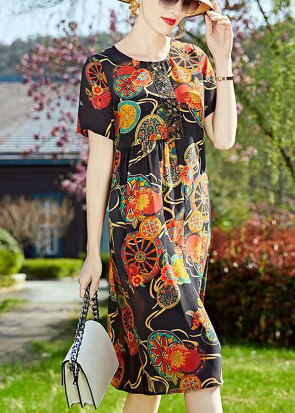 Lace Panel Round Neck Short Sleeve Empire Waist Ornate Print Midi Dress