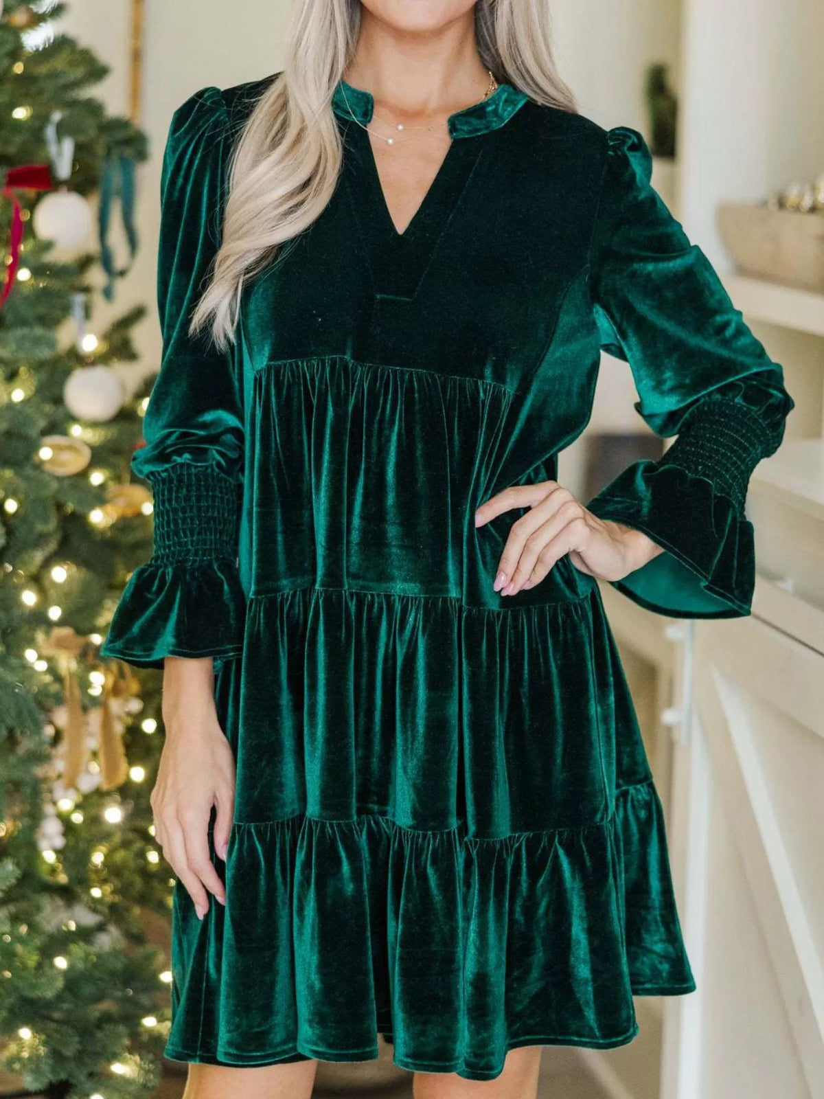 Velvet Notched Neck Long Sleeve Smocked Cuff Tiered Mini Dress