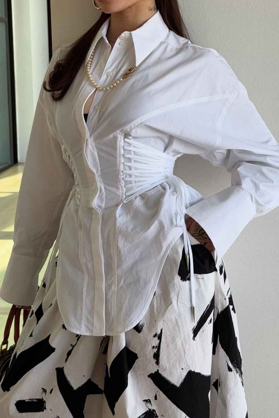 Double Ruched Tie Waist Slim Relaxed Fit Long Sleeve Blouse