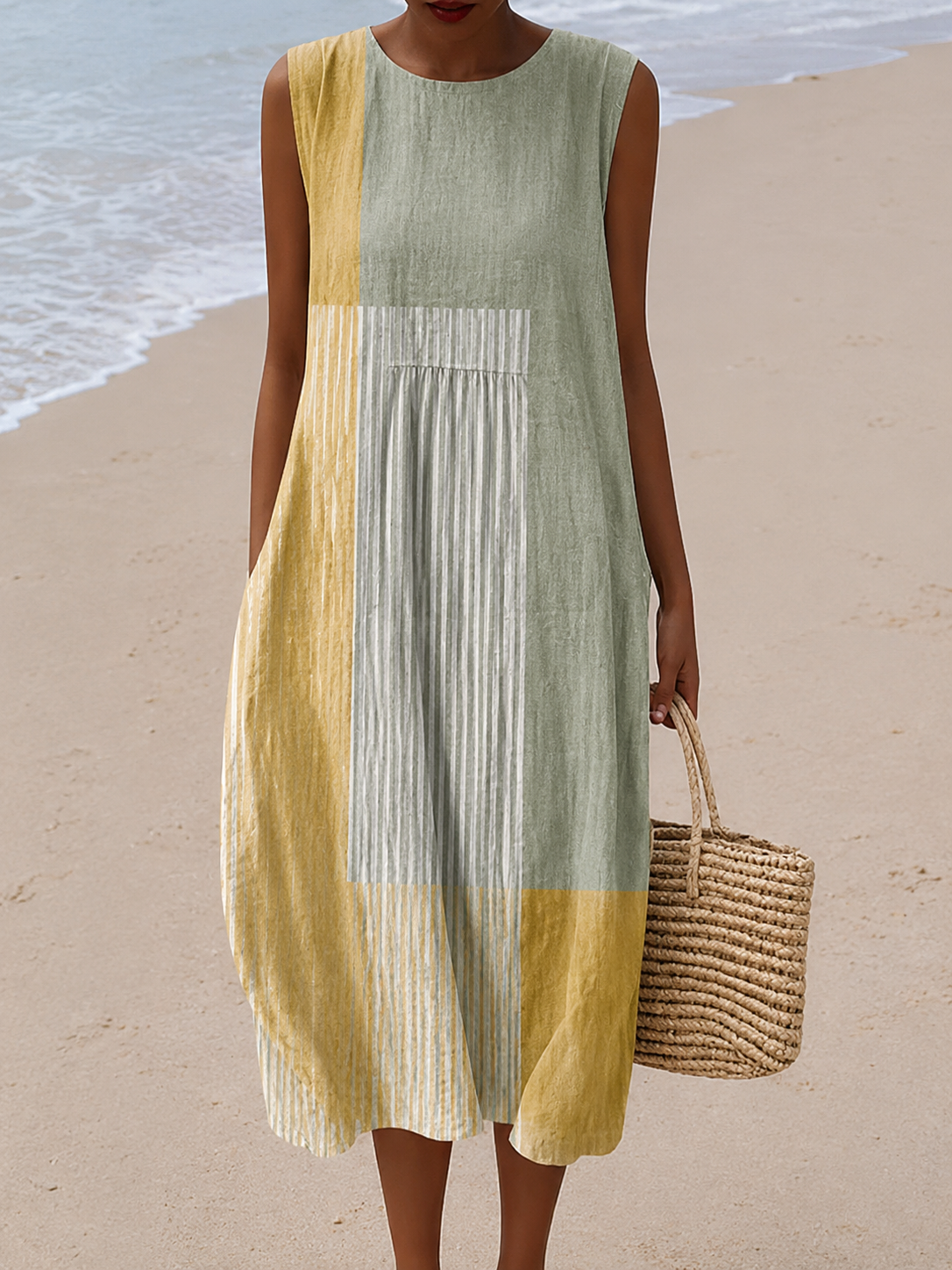 Patchwork Striped Sleeveless Pocket Midi Dress