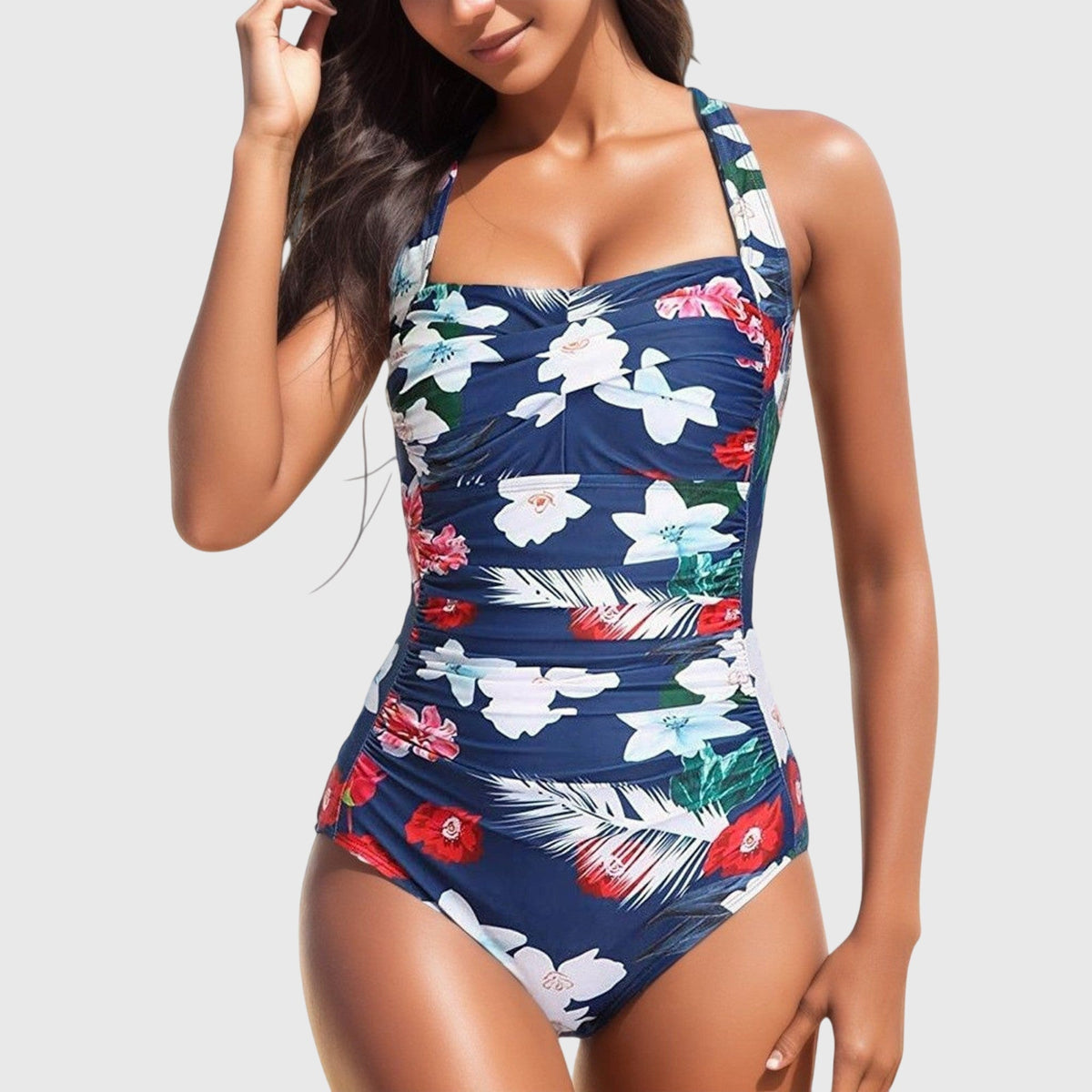 Tropical Floral Ruched Halter One Piece Swimsuit