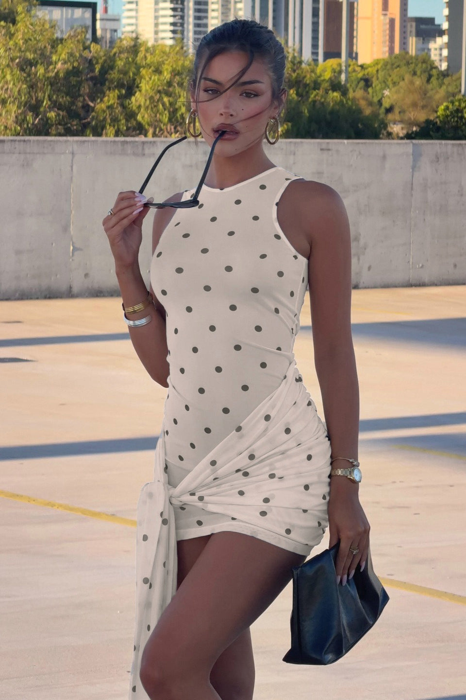 Polka Dot Sleeveless Round Neck Side Knot Bodycon Mini Dress 2