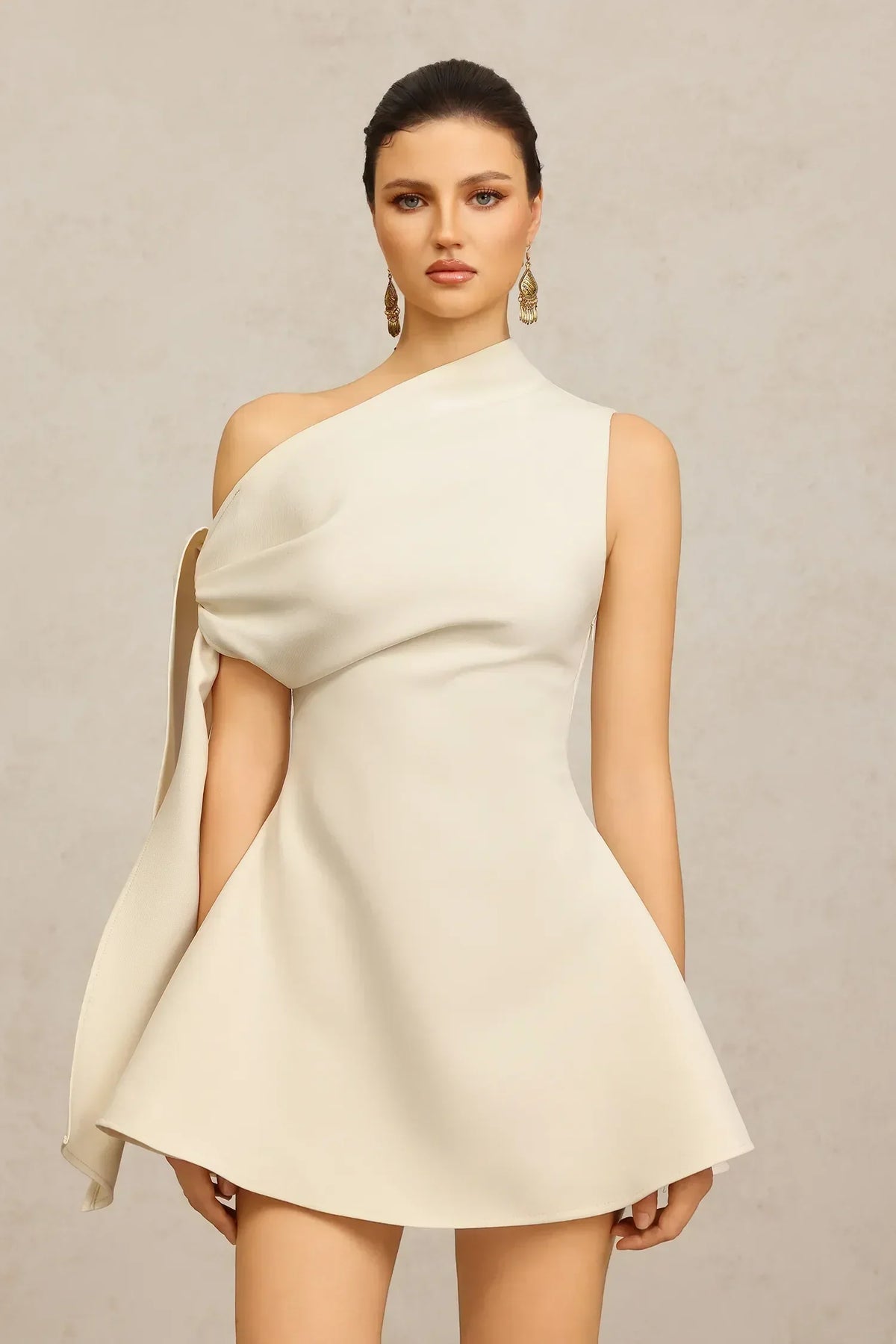 Asymmetric One Shoulder Draped Cape Sleeve A-Line Mini Dress