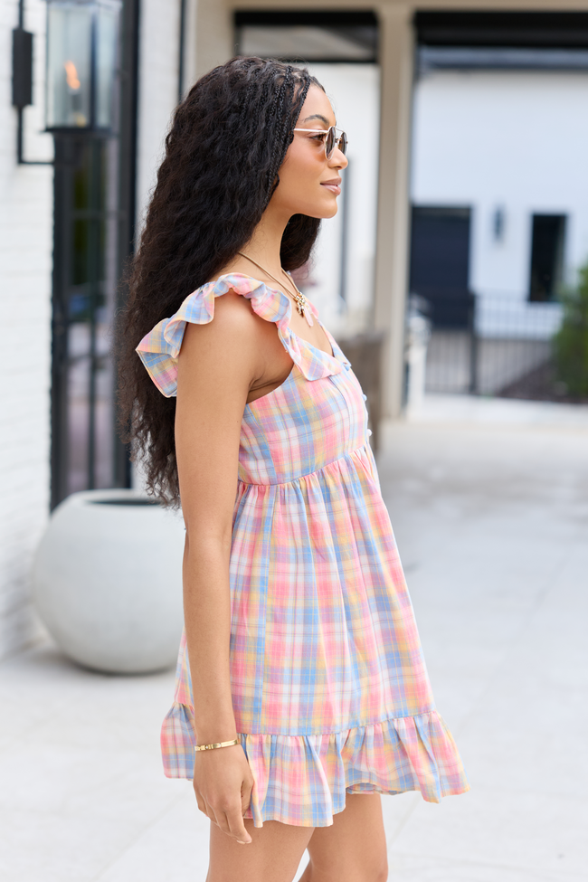 Plaid Ruffle Strap Button Front Babydoll Mini Dress 3