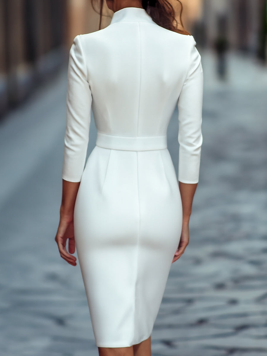 Stand Collar Wrap Front Belted Long Sleeve Midi Pencil Dress