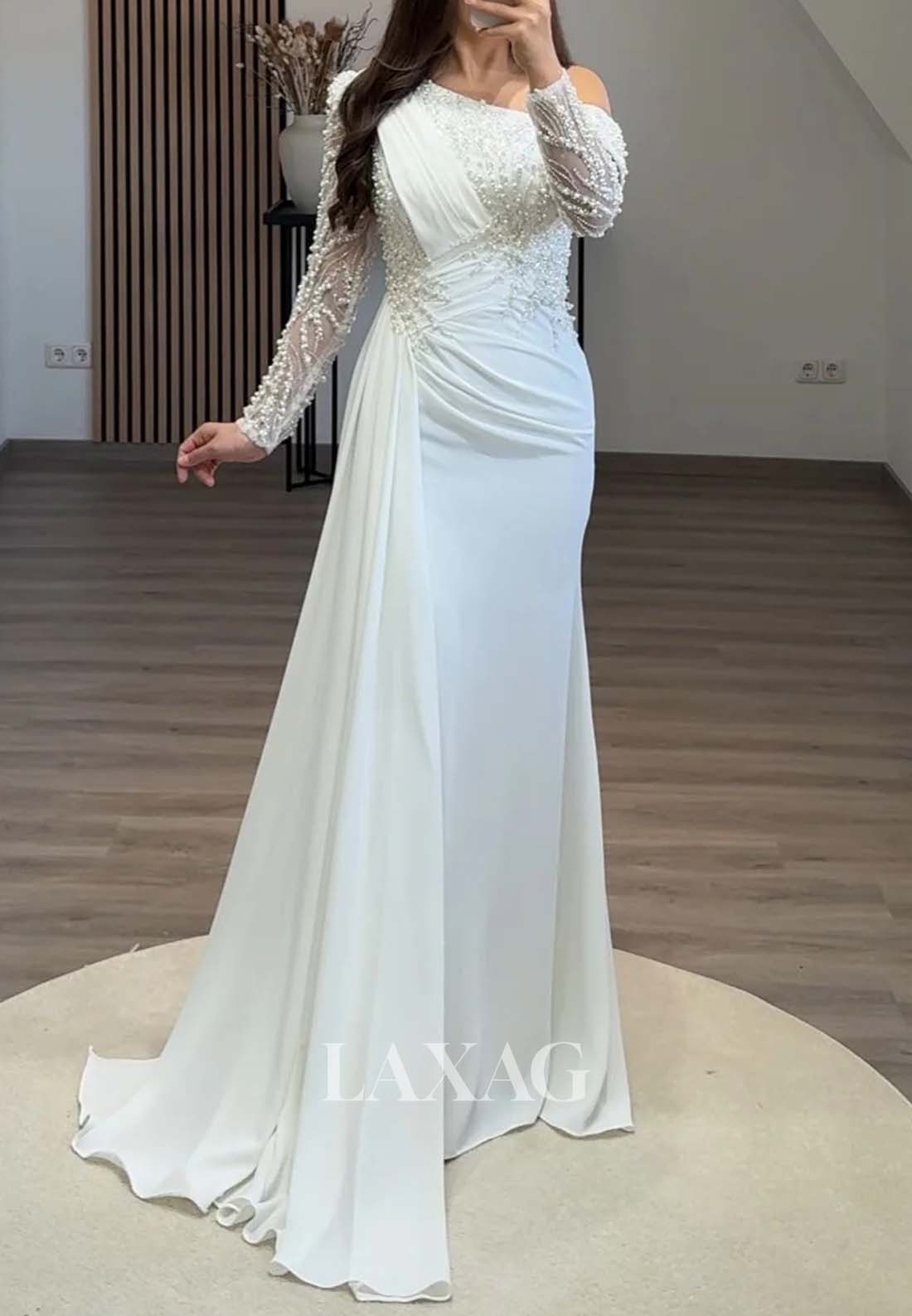 Long-Sleeves Beaded Pleated Formal Gowns Asymmetrical-Neck Sweep Train Mermaid Evening Dress