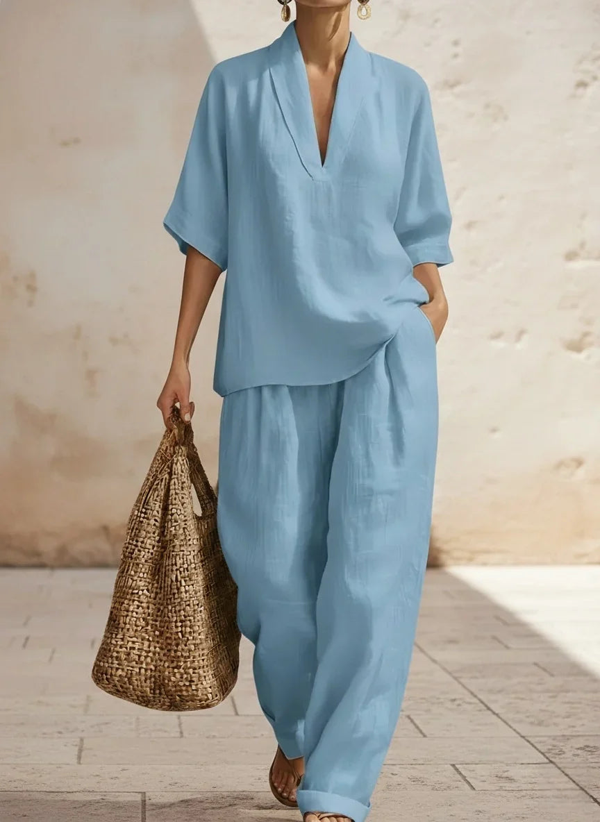 Deep V-Neck Short Sleeve Top and Wide Leg Pants Two Piece Set