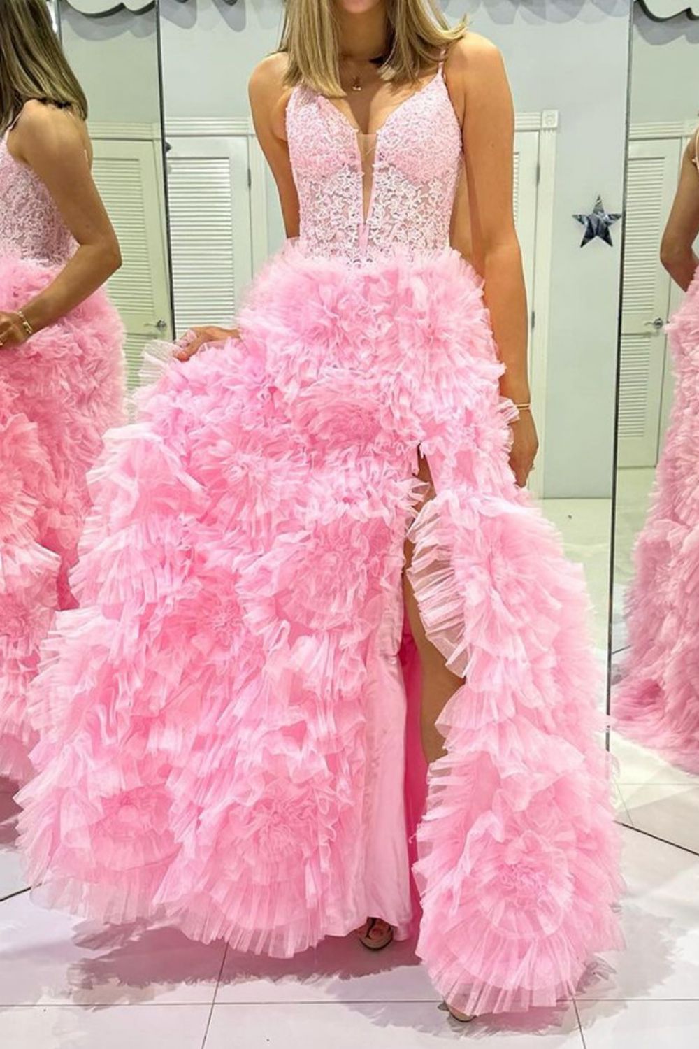 Gorgeous A Line Spaghetti Straps Pink Corset Prom Dress with 3D Flowers
