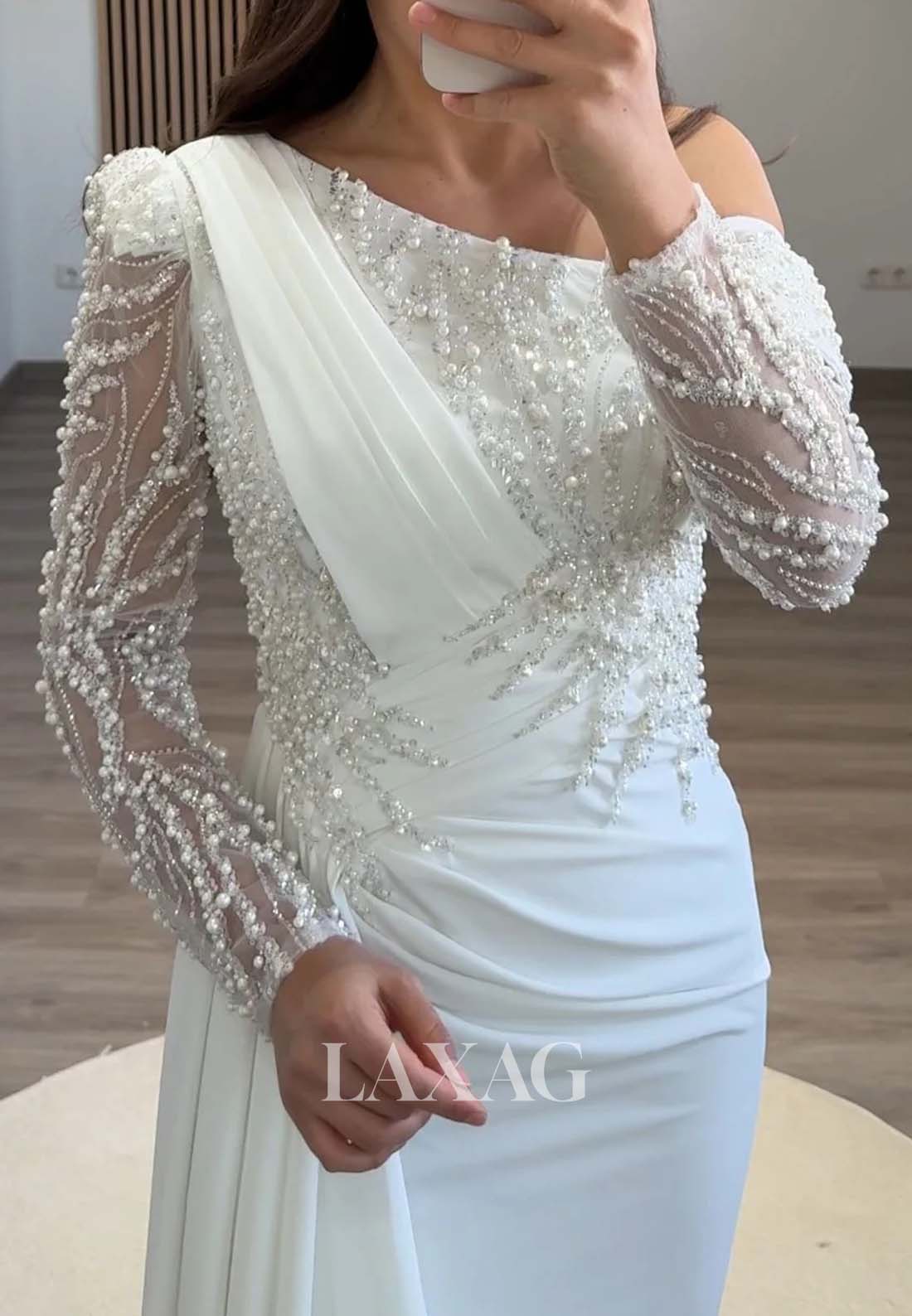 Long-Sleeves Beaded Pleated Formal Gowns Asymmetrical-Neck Sweep Train Mermaid Evening Dress