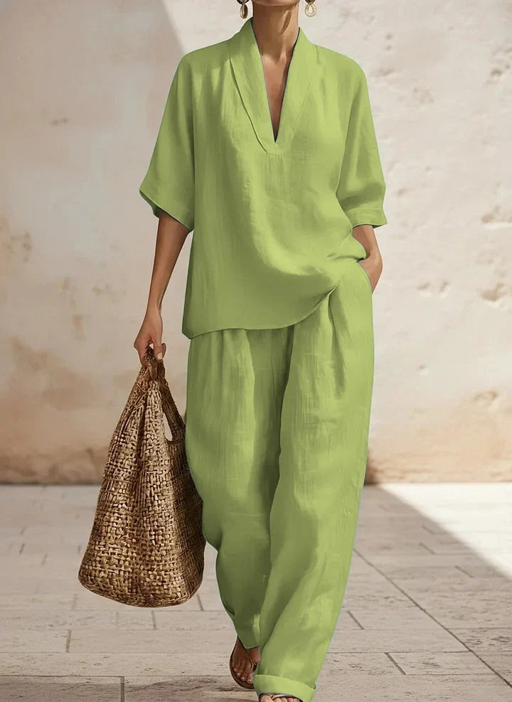 Deep V-Neck Short Sleeve Top and Wide Leg Pants Two Piece Set