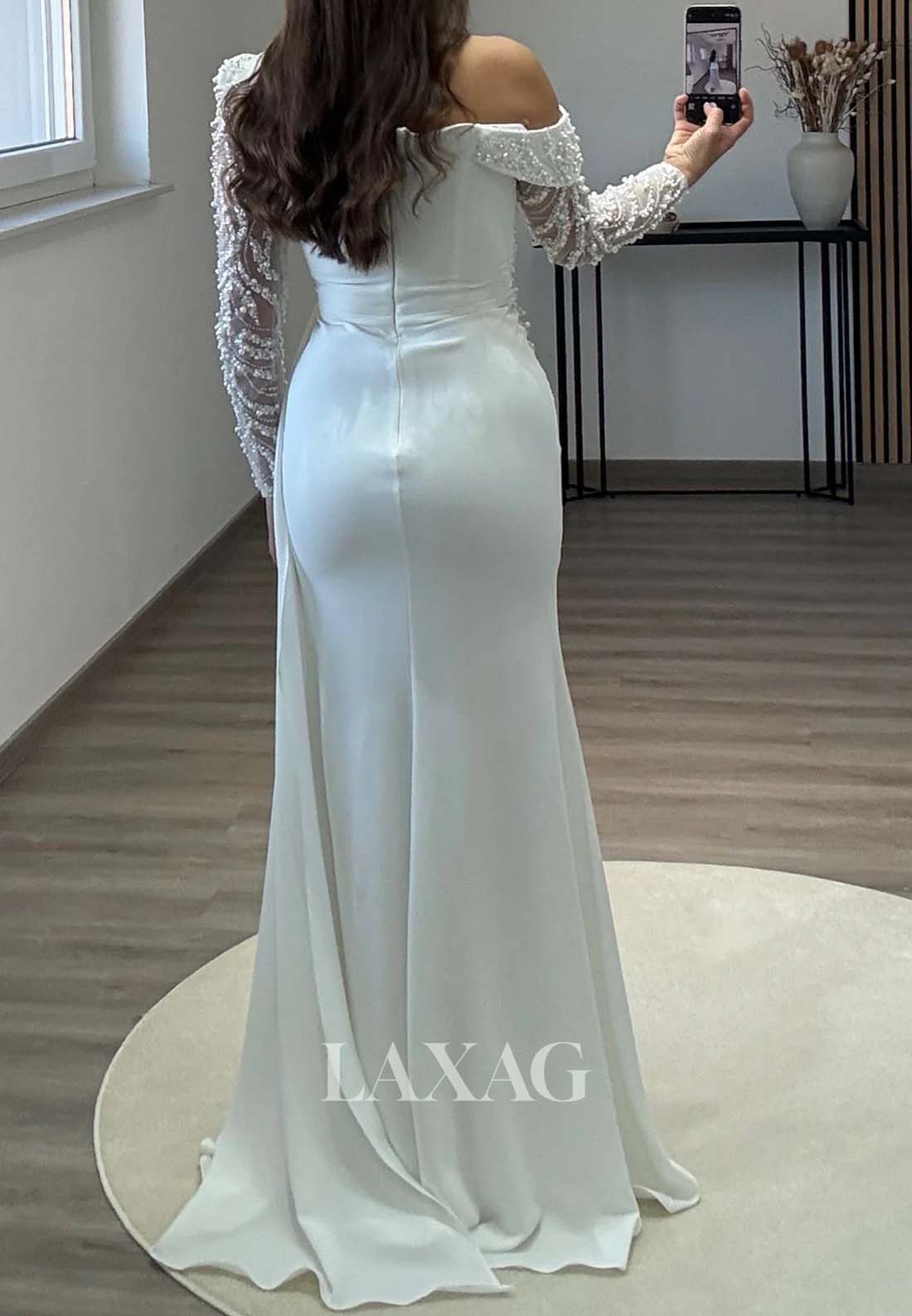 Long-Sleeves Beaded Pleated Formal Gowns Asymmetrical-Neck Sweep Train Mermaid Evening Dress