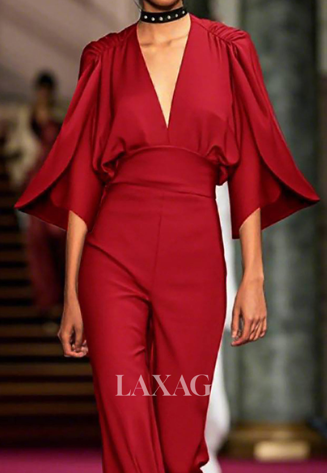 Deep V-Neck Half-Bell-Sleeves Pleated Satin Simple Jumpsuit