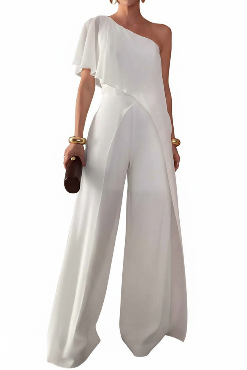 White One-Shoulder Wide-Leg Jumpsuit with Draped Overlay Elegant Evening Outfit with Pockets and Adjustable Straps