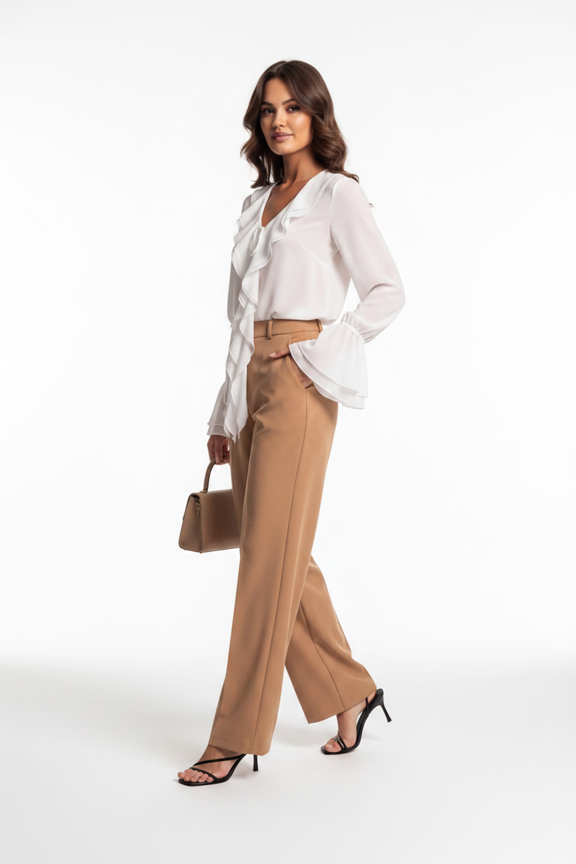 Elegant Ruffled Chiffon Blouse with Short Sleeves & Lightweight Fabric