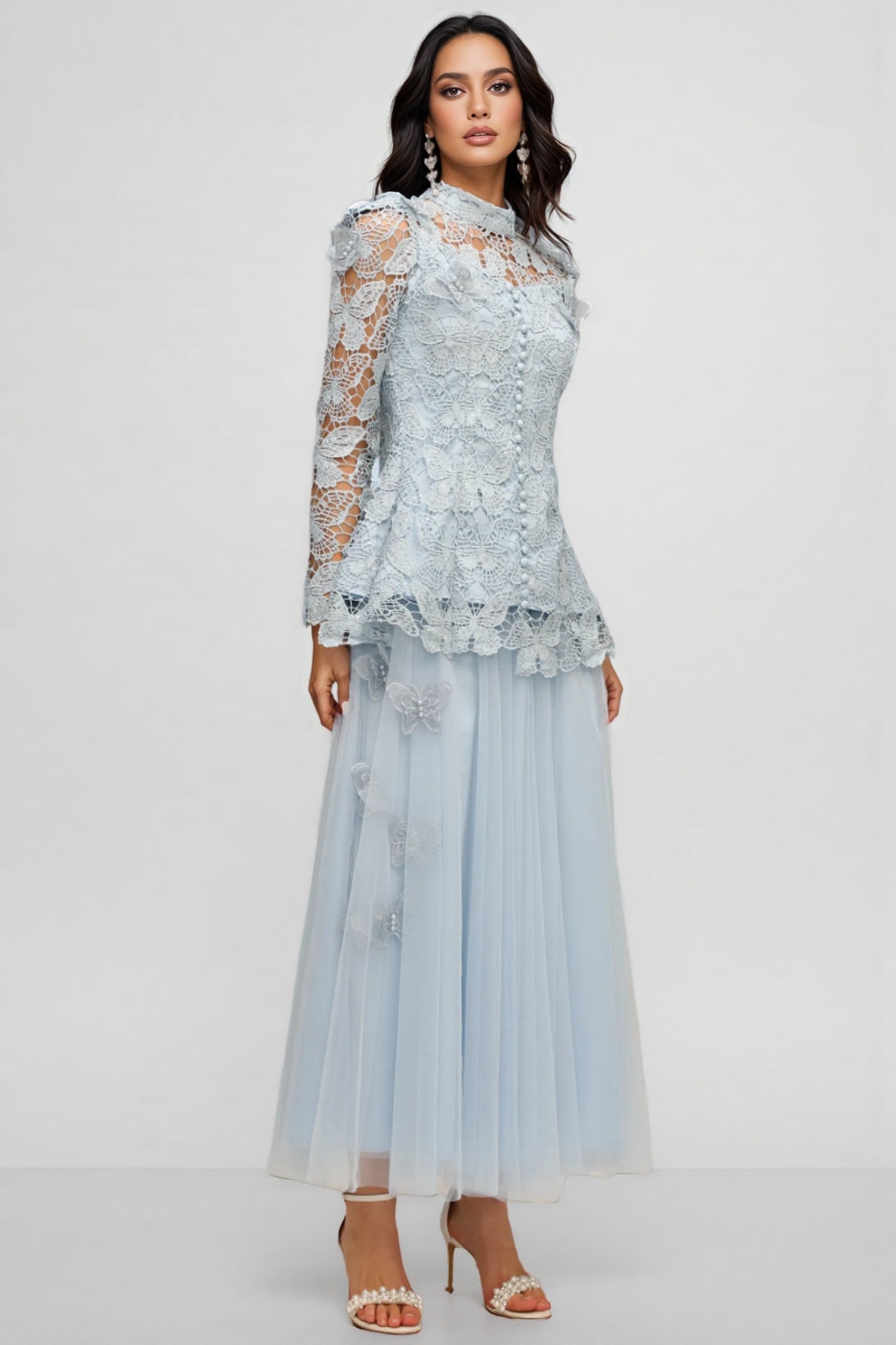 Butterfly Lace Long Sleeve Mock Neck Button Peplum Top Tulle Skirt Two Piece Set