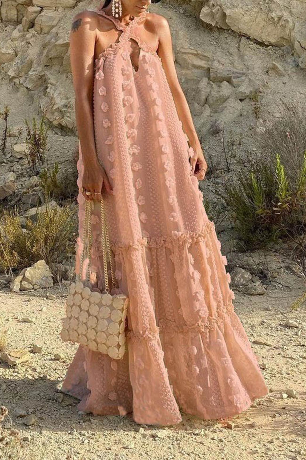 Appliqué Halter Neck Keyhole Tiered Maxi Dress 9