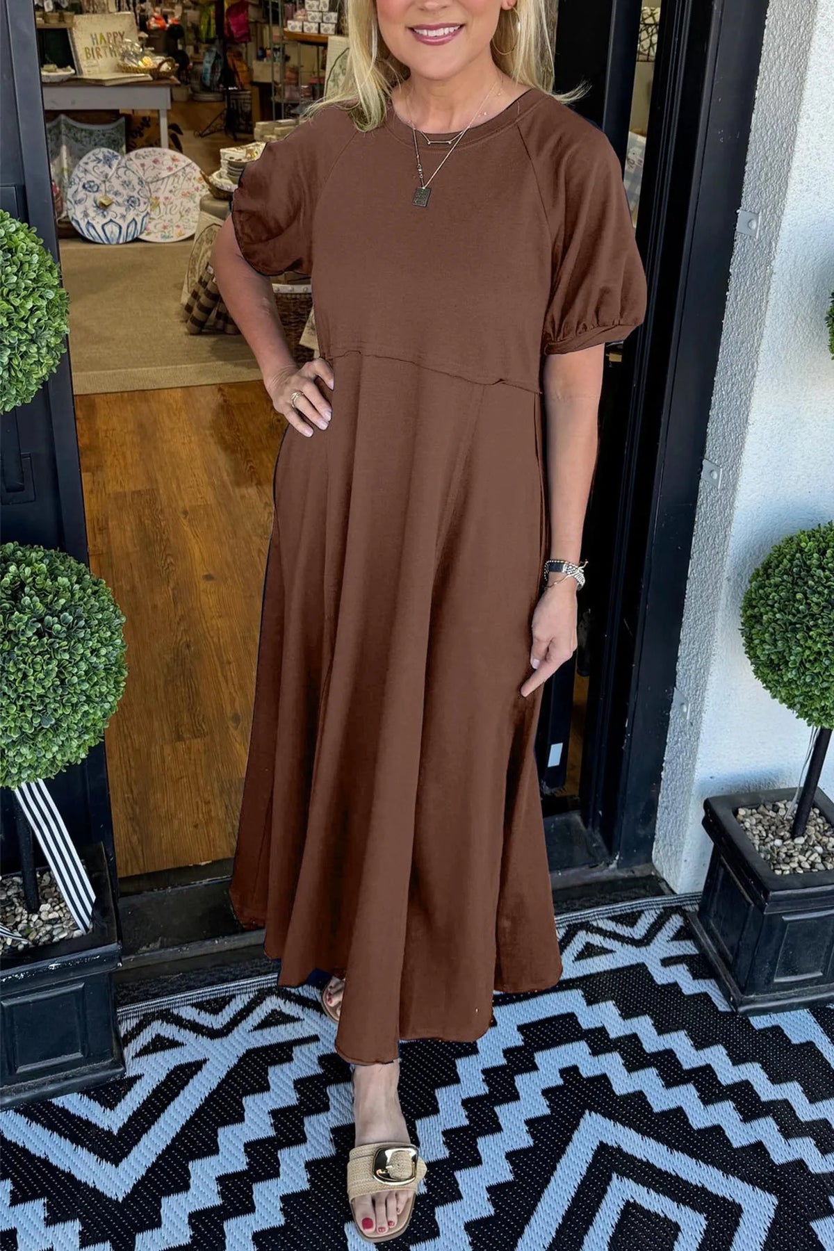 Round Neck Puff Sleeve Fit and Flare Midi Dress