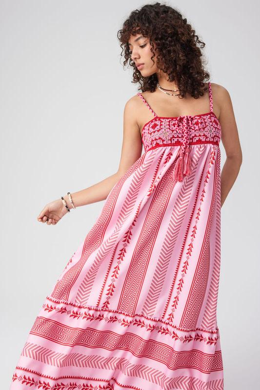 Statement Elisa Printed Embroidered Camisole Midi Dress with Lace Up Detail Evening Wear Edit