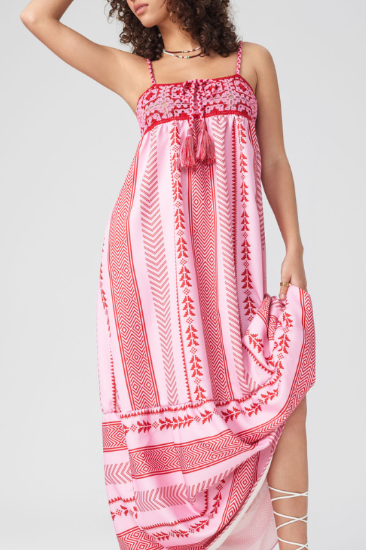 Statement Elisa Printed Embroidered Camisole Midi Dress with Lace Up Detail Evening Wear Edit