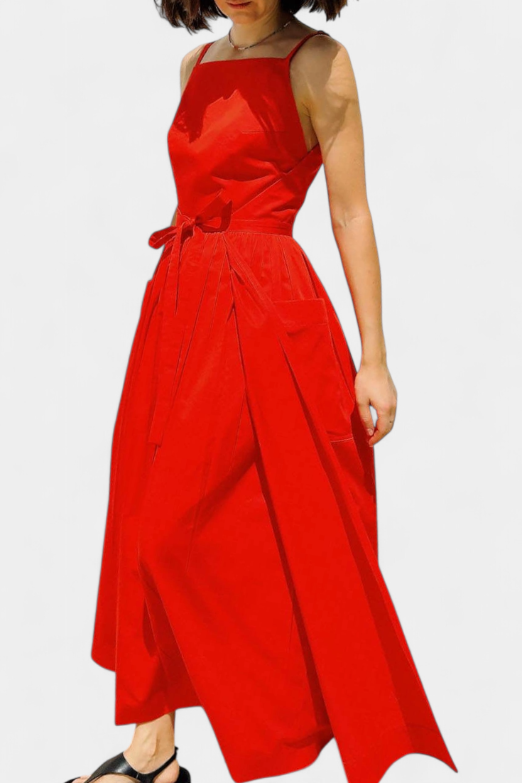 Square Neck Spaghetti Strap Tie Waist Wide Leg Jumpsuit