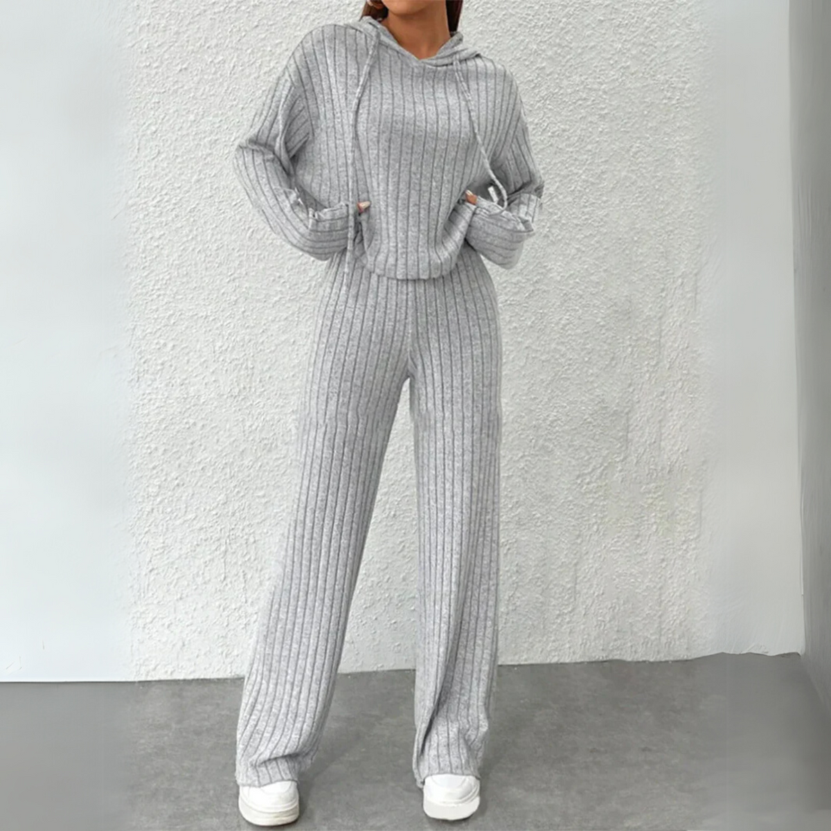 Ribbed Knit Hooded Top and Wide Leg Pants Two Piece Set