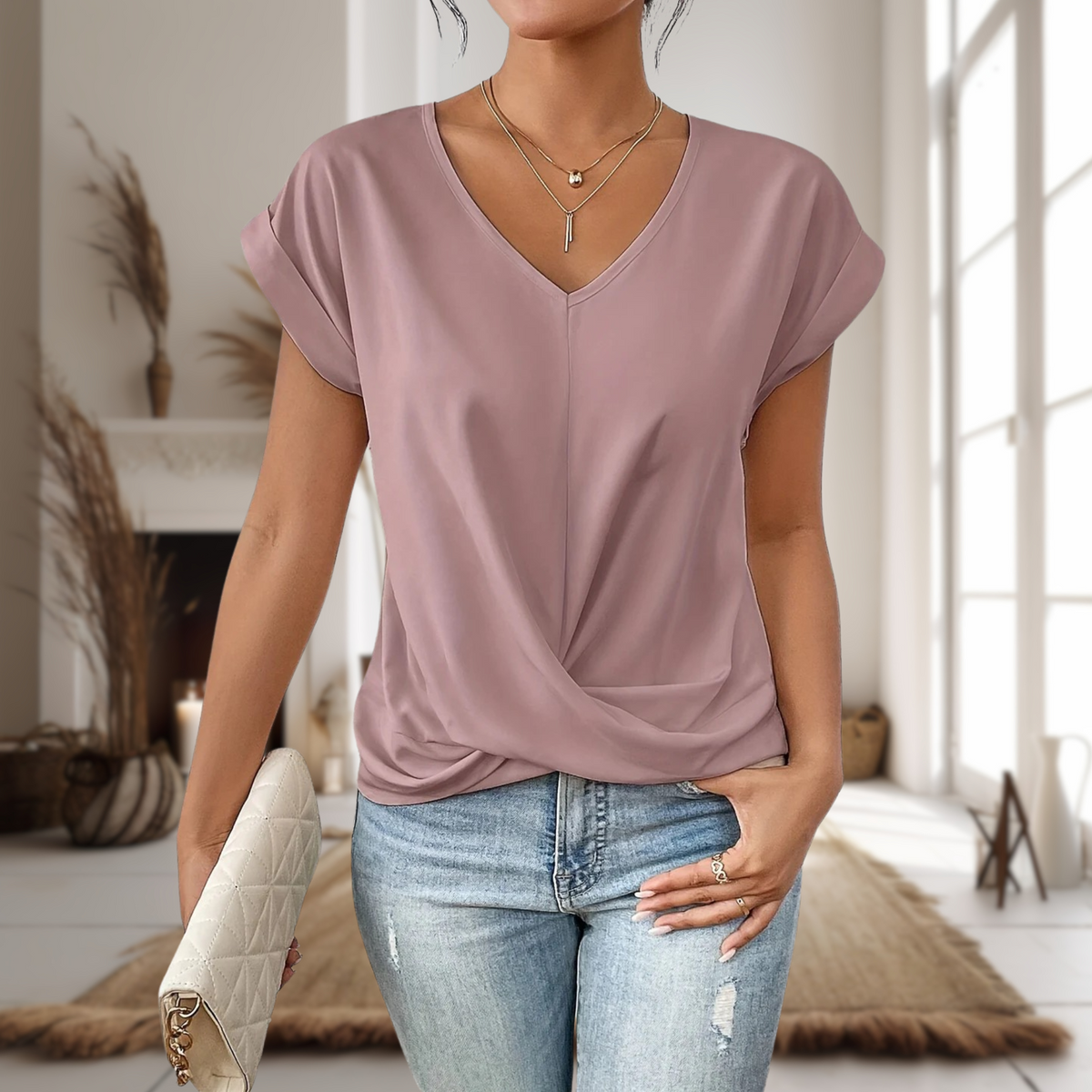 V-Neck Short Sleeve Twist Front Top 2