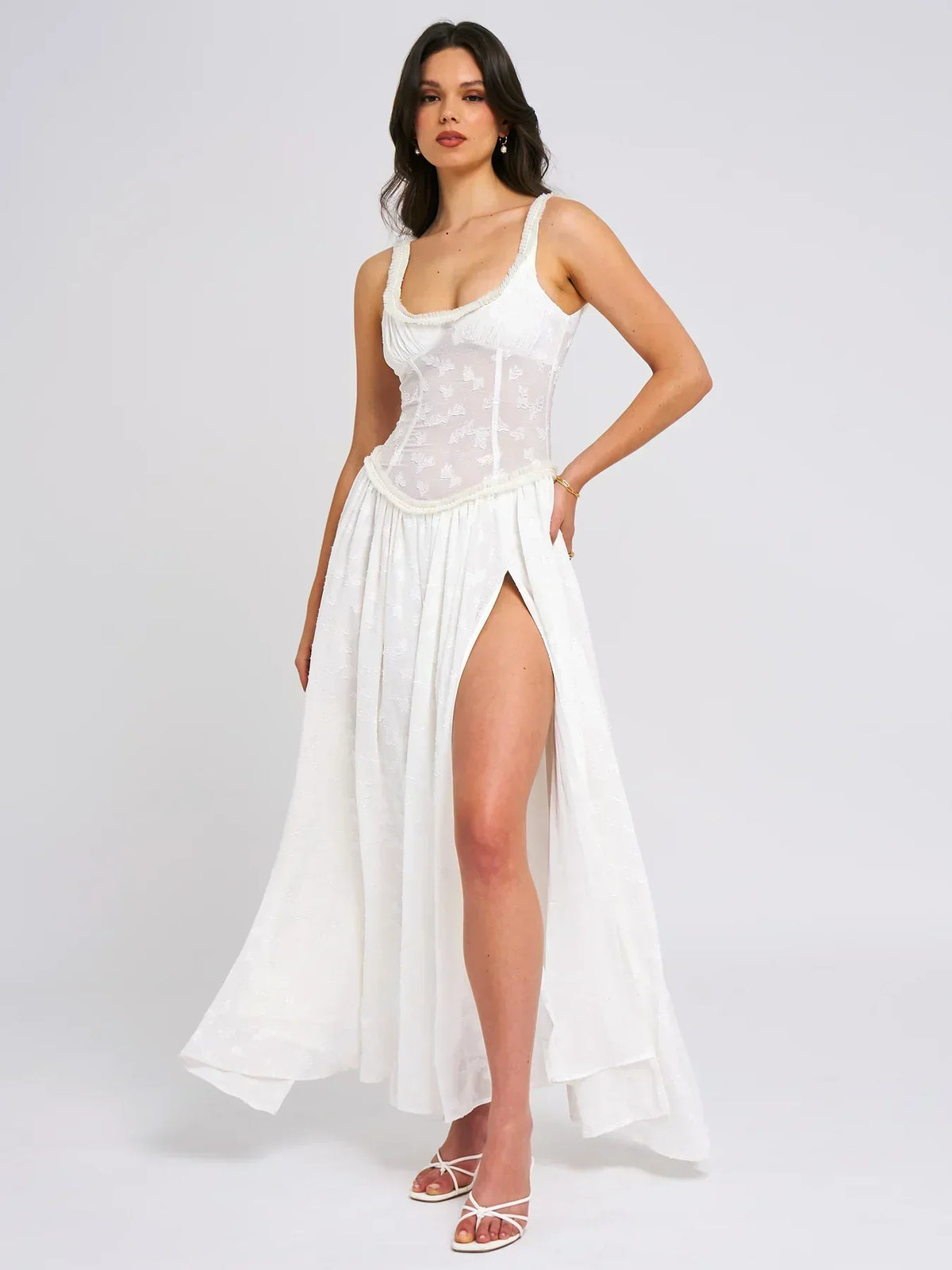 Floral Jacquard Scoop Neck Corset Bodice Drop Waist High Split Maxi Dress 9