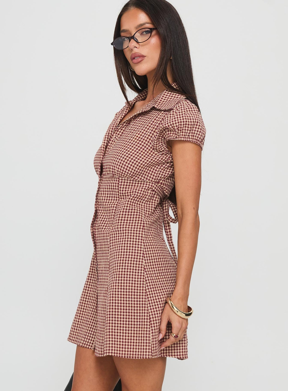 Gingham Collared Puff Sleeve Button Front A-Line Shirt Mini Dress 3