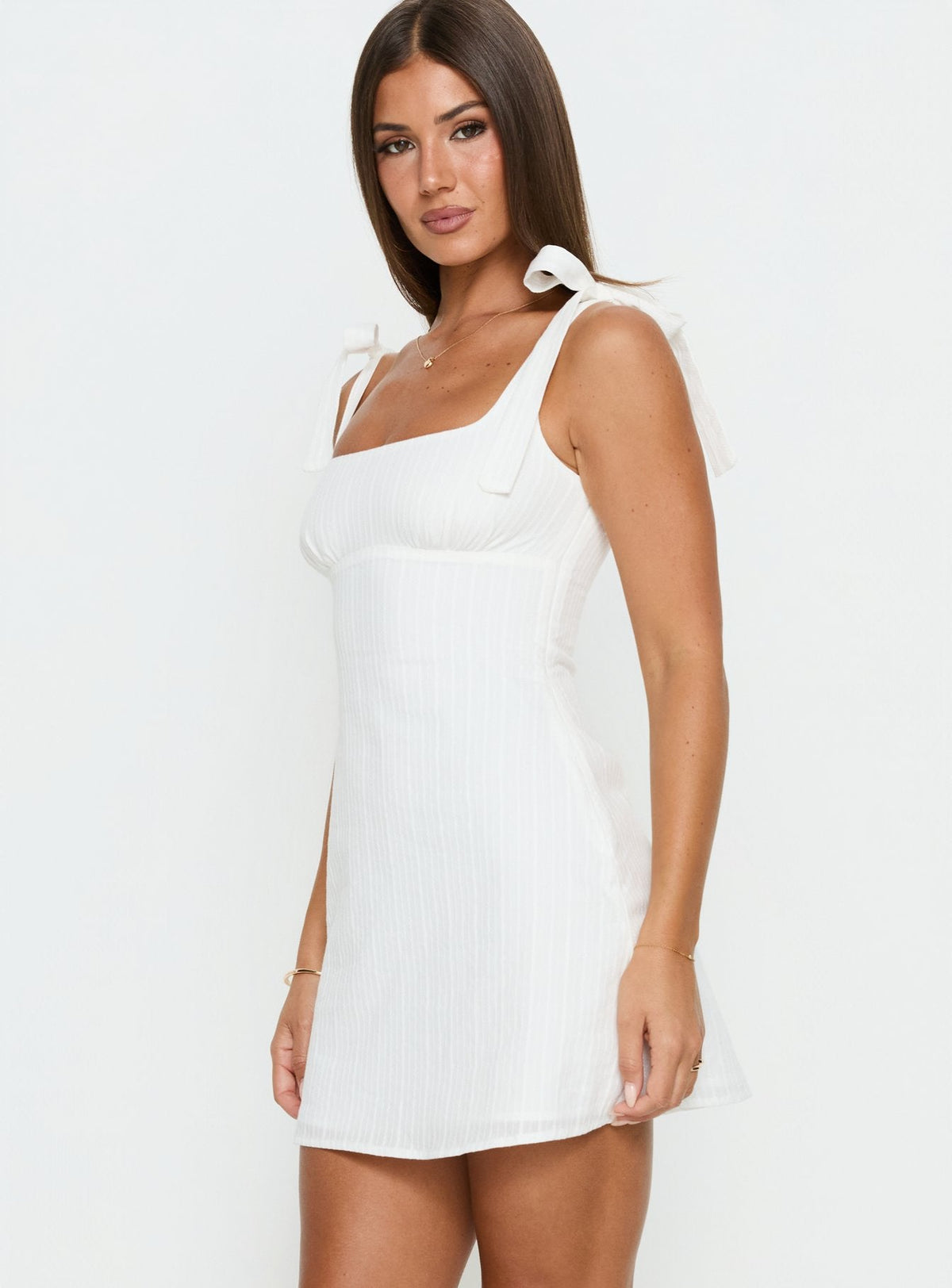Textured Square Neck Tie Shoulder Fitted Mini Dress 4