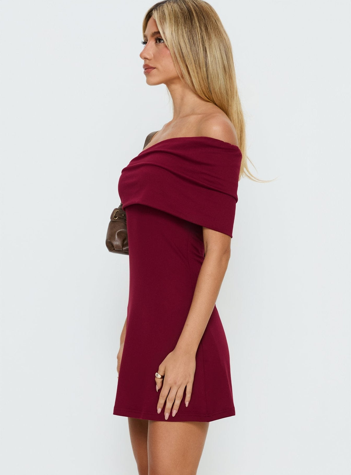 Ribbed Knit Off Shoulder Foldover Neckline Fitted Mini Dress 3