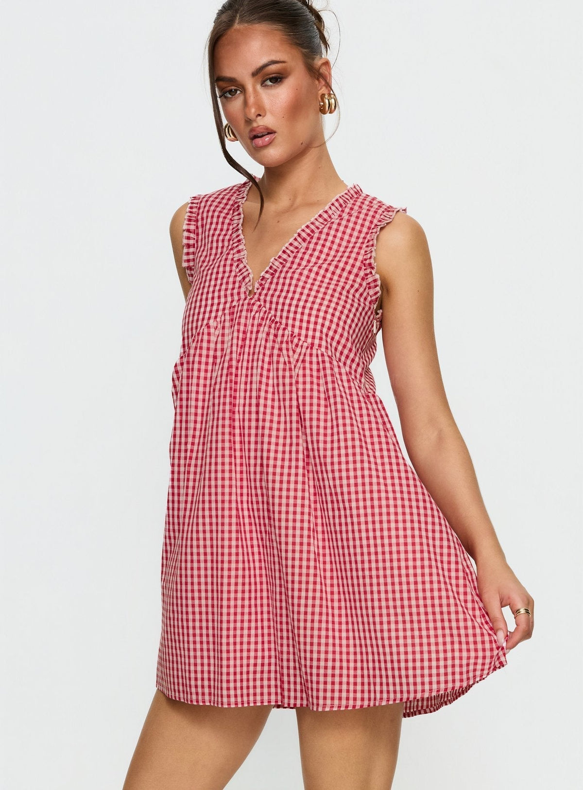 Gingham Ruffle Trim V-Neck Sleeveless Babydoll Mini Dress 3