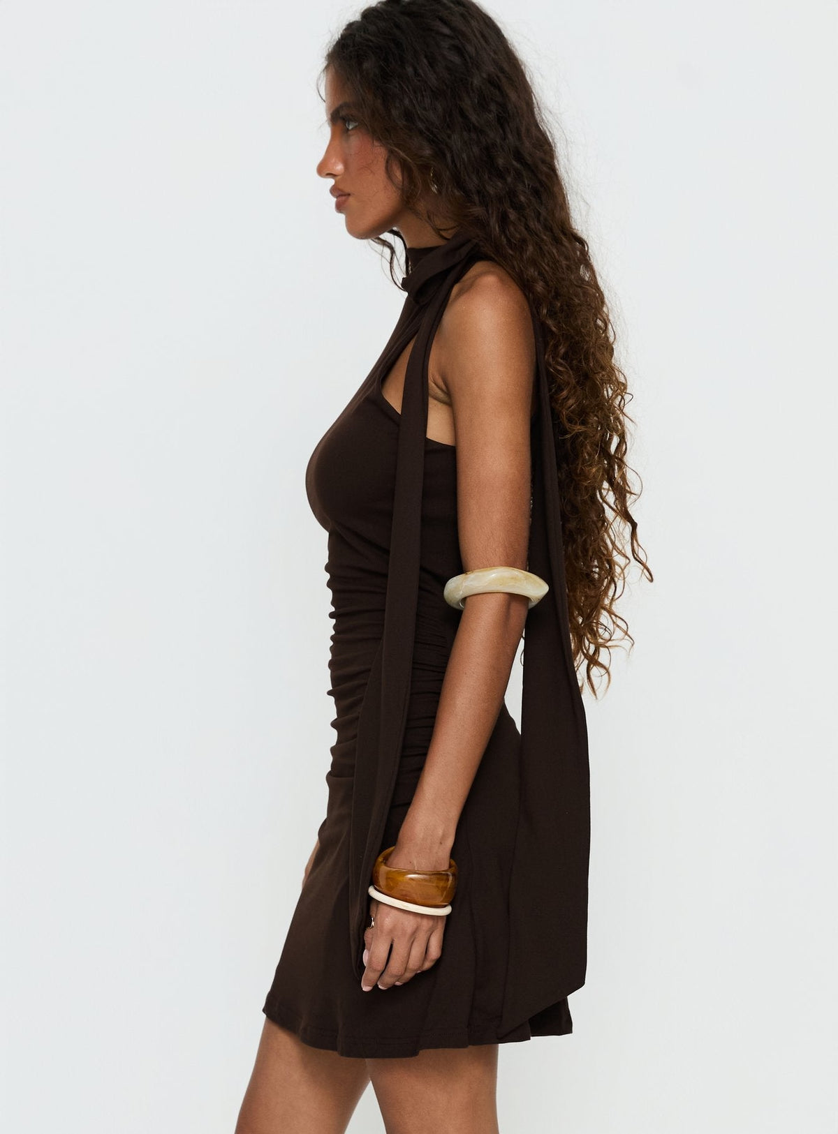 Mock Neck Tie Scarf Sleeveless Ruched Side Mini Dress 3