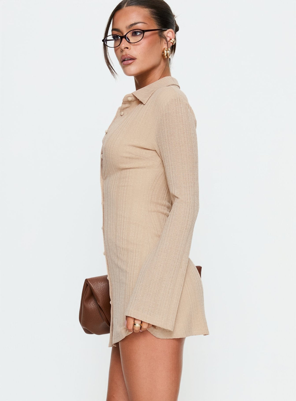 Ribbed Knit Collared Button Front Flared Long Sleeve Shirt Mini Dress 3