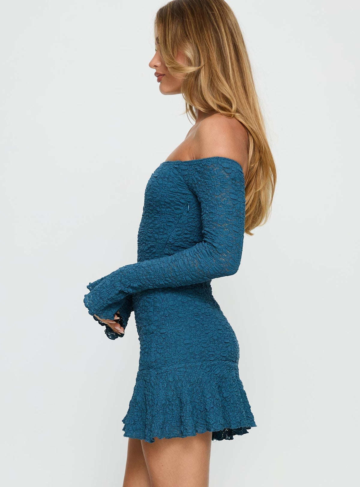 Textured Lace Off Shoulder Flare Sleeve Ruffle Hem Mini Dress 3