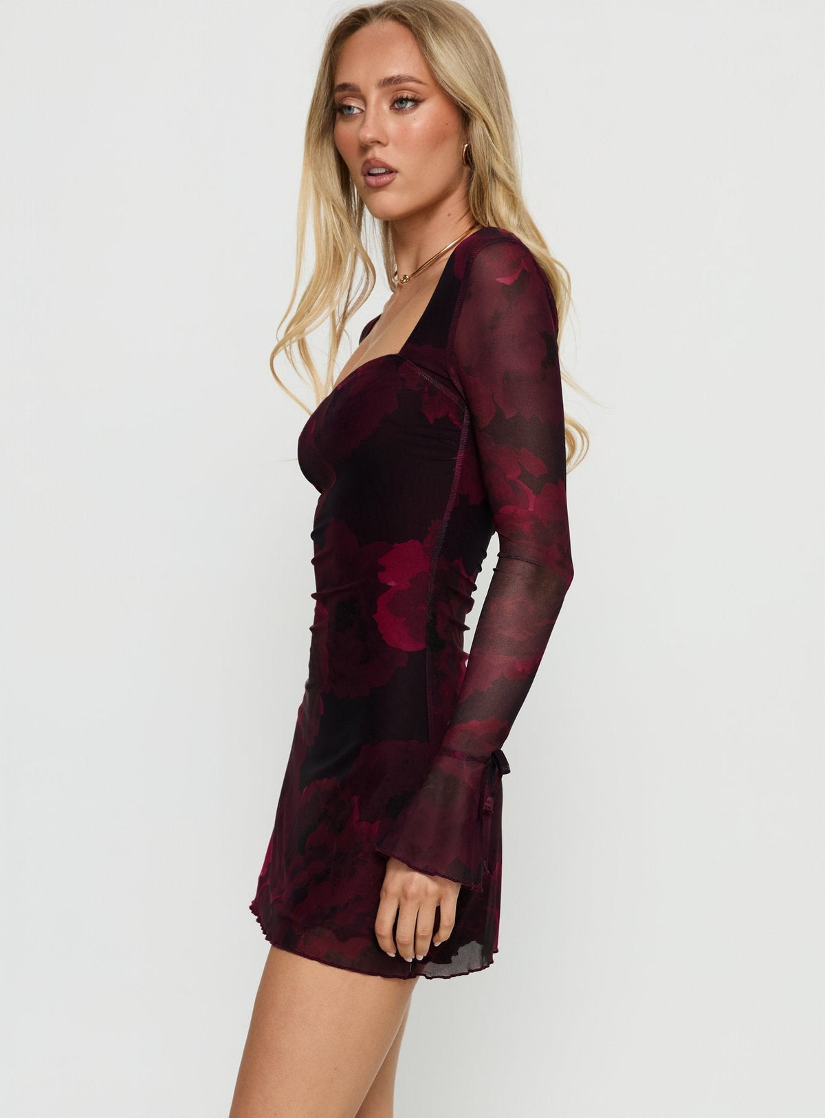 Floral Print Mesh Square Neck Tie Cuff Long Sleeve Mini Dress 3