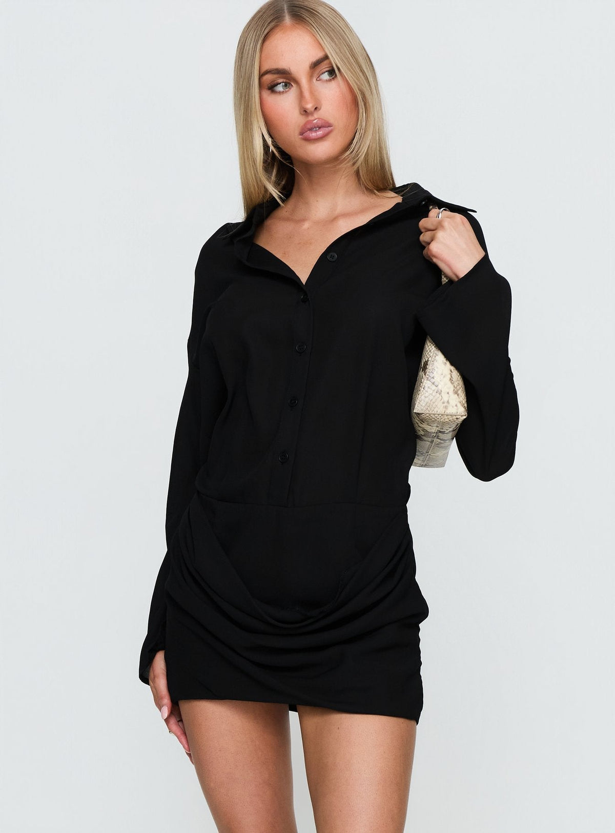 Collared Button Front Long Sleeve Draped Wrap Shirt Mini Dress 4