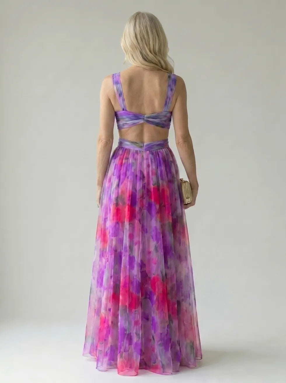 Floral V-Neck Twist Front Sleeveless Mesh Maxi Dress
