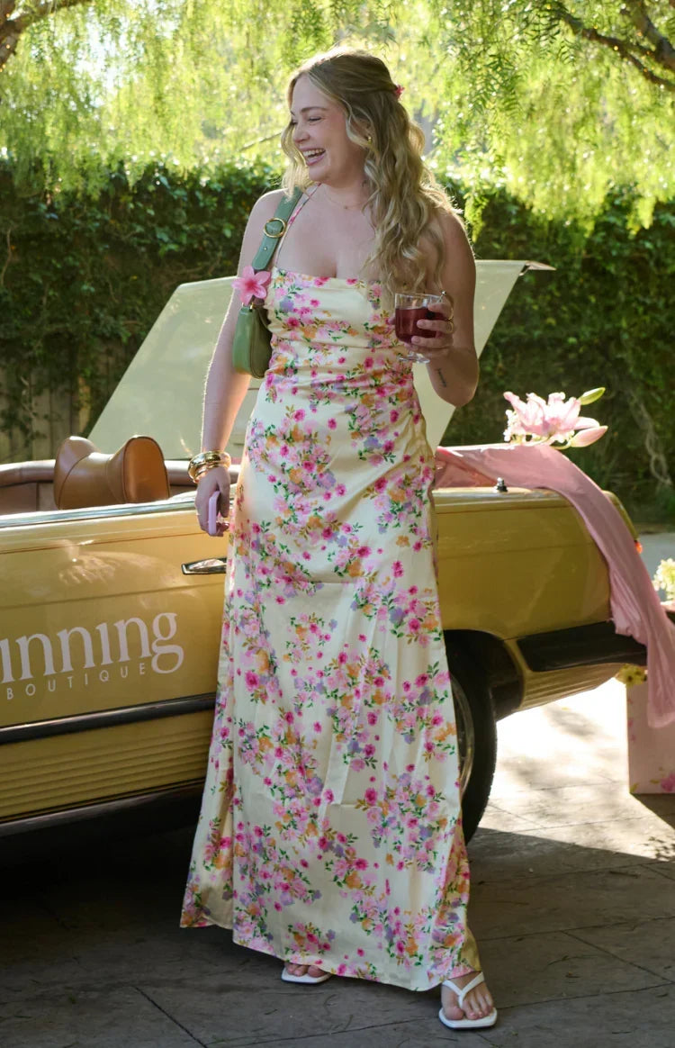 Floral Print Satin Cowl Neck Strappy Lace Up Back Maxi Dress 10