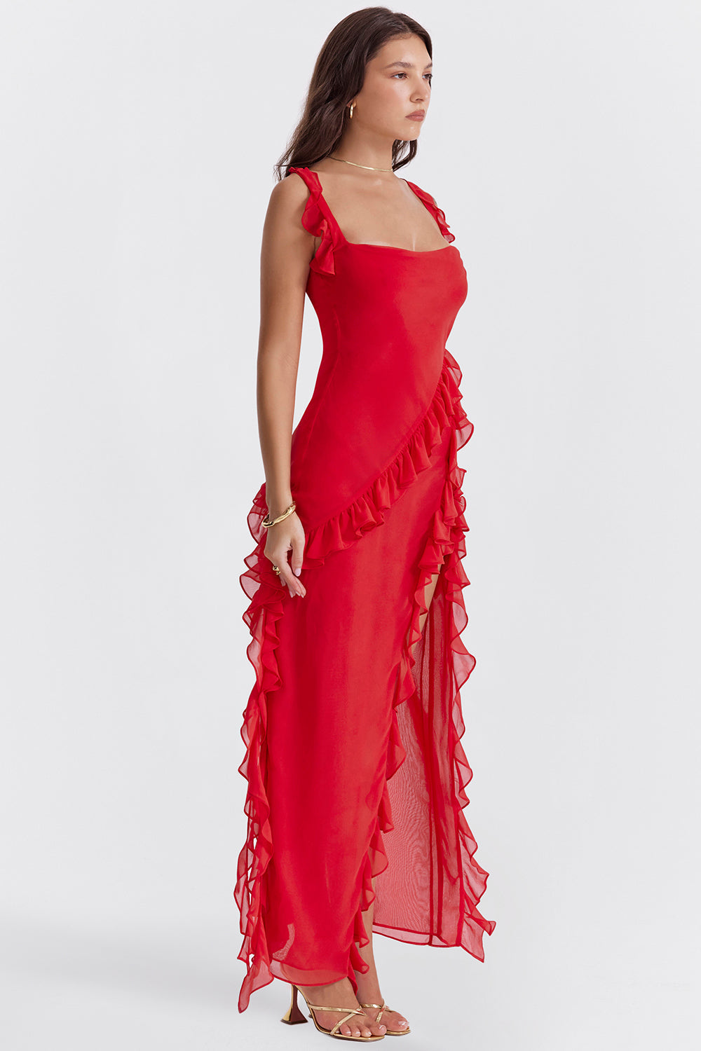 Chiffon Square Neck Ruffle Strap High Split Maxi Gown