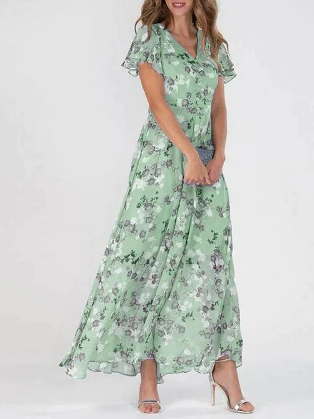 Floral Print V-Neck Flutter Sleeve A-Line Maxi Dress