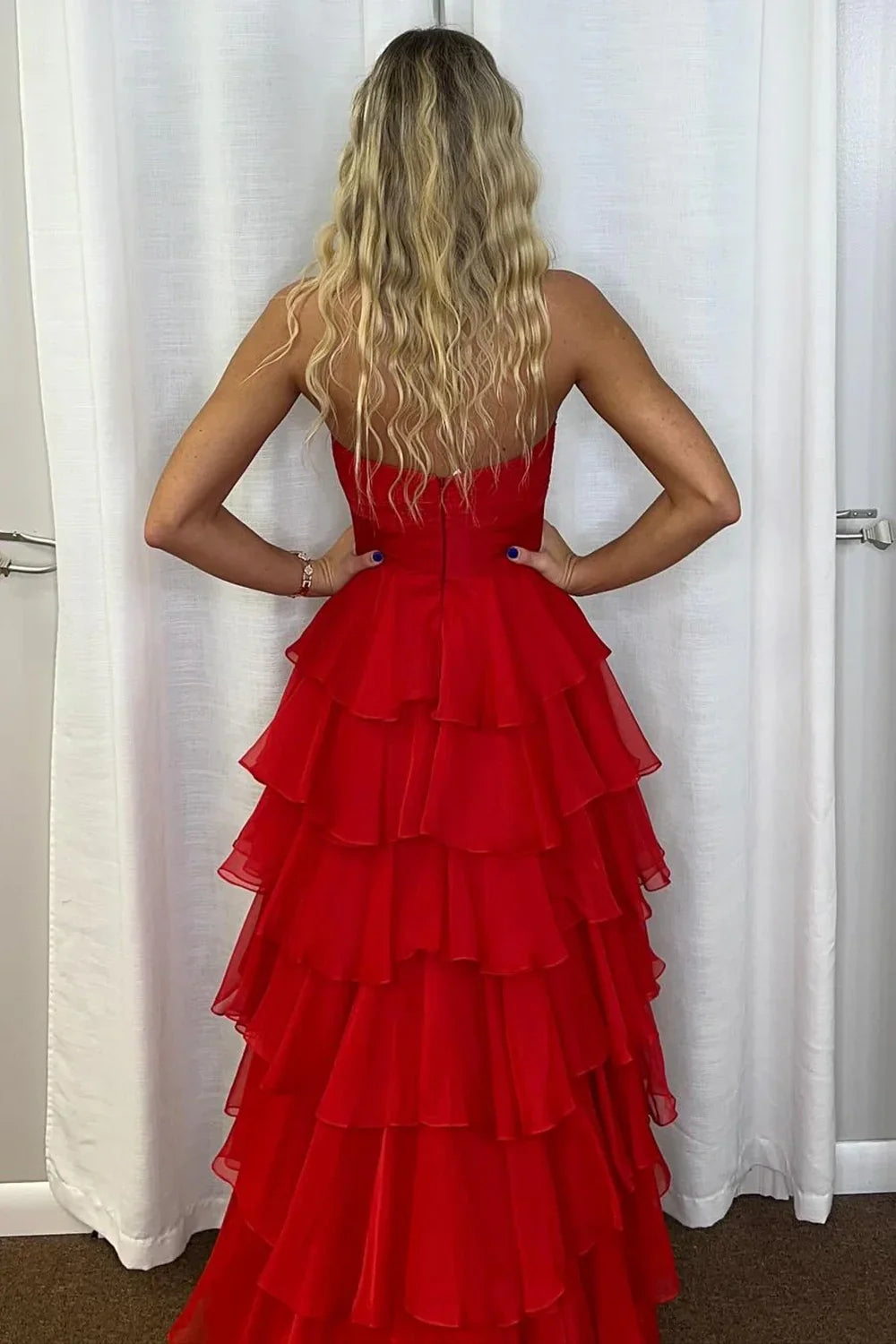 Cute Royal Blue A-Line Strapless Long Tiered Prom Dress with Slit