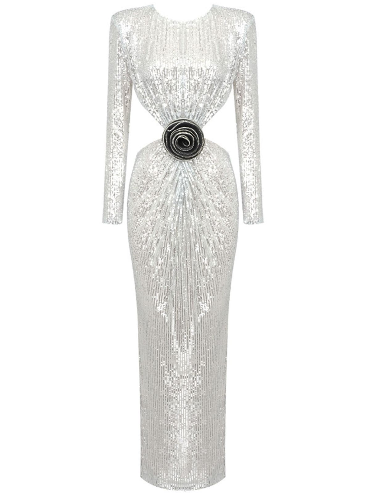 Sequin Long Sleeve Rosette Cut Out Bodycon Maxi Gown