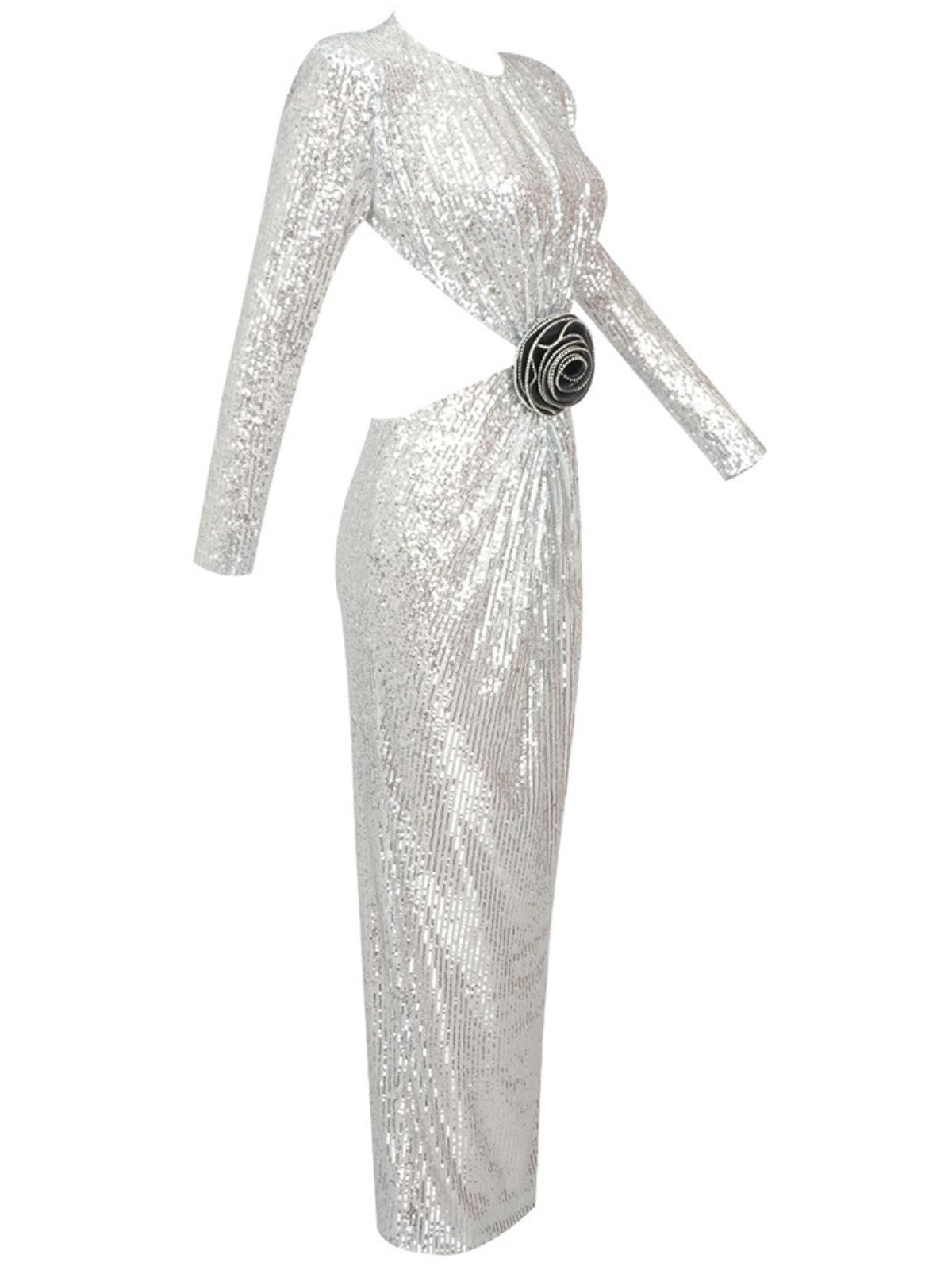 Sequin Long Sleeve Rosette Cut Out Bodycon Maxi Gown