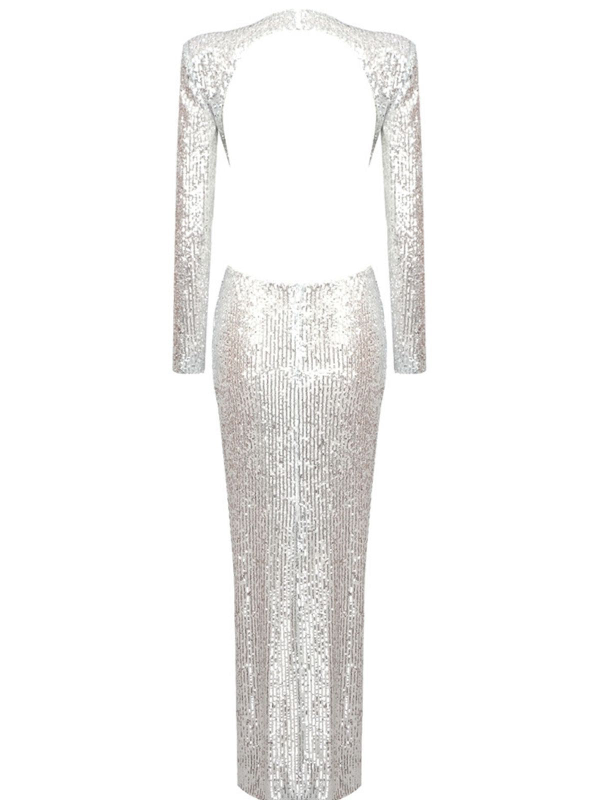 Sequin Long Sleeve Rosette Cut Out Bodycon Maxi Gown