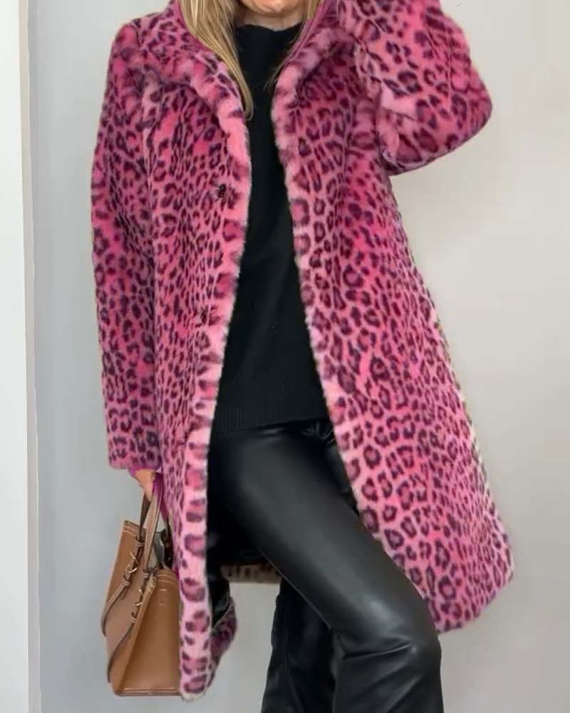 Leopard Print Faux Fur Lapel Collar Longline Coat