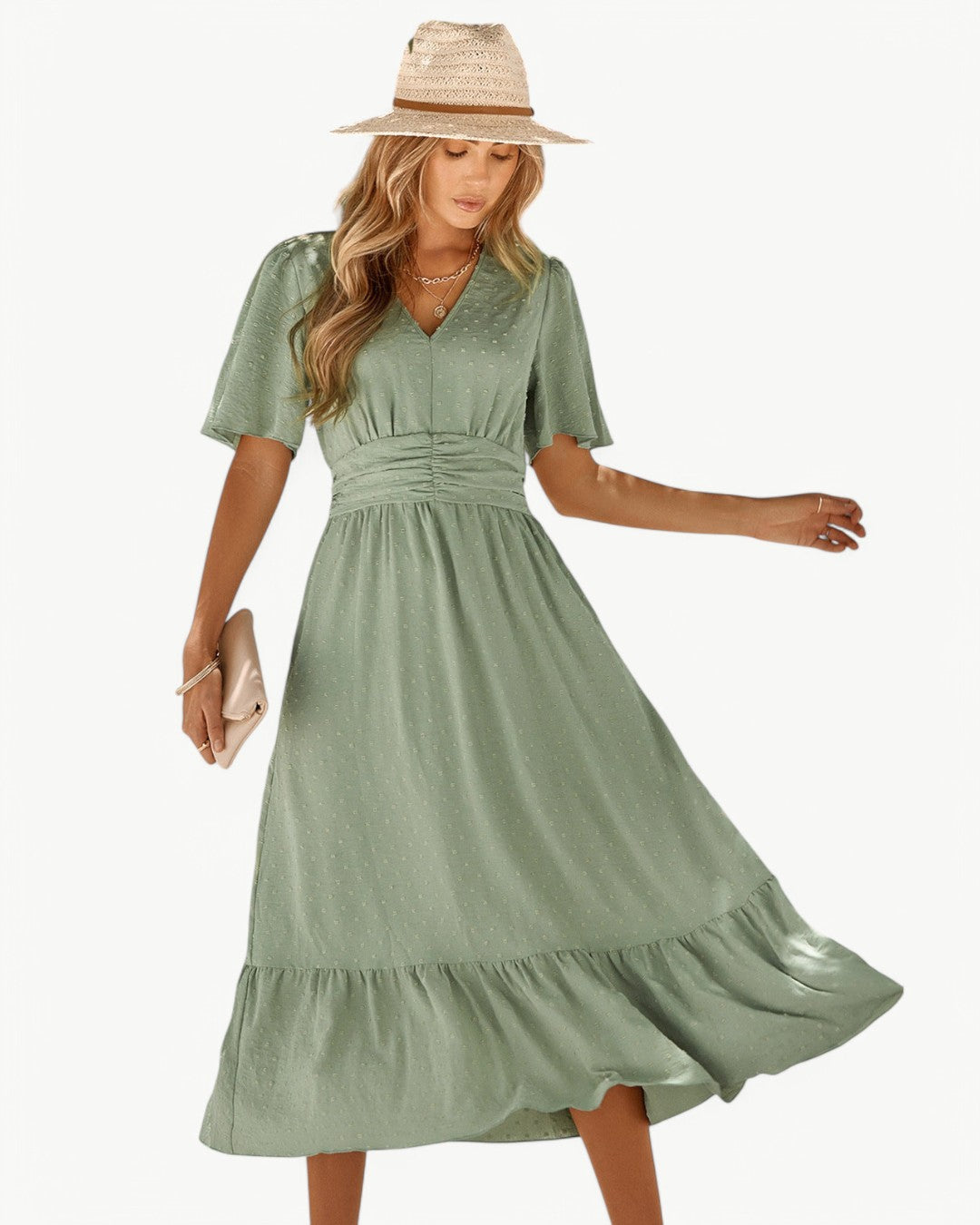 Swiss Dot V-Neck Flutter Sleeve Ruched Waist Tiered Midi Dress