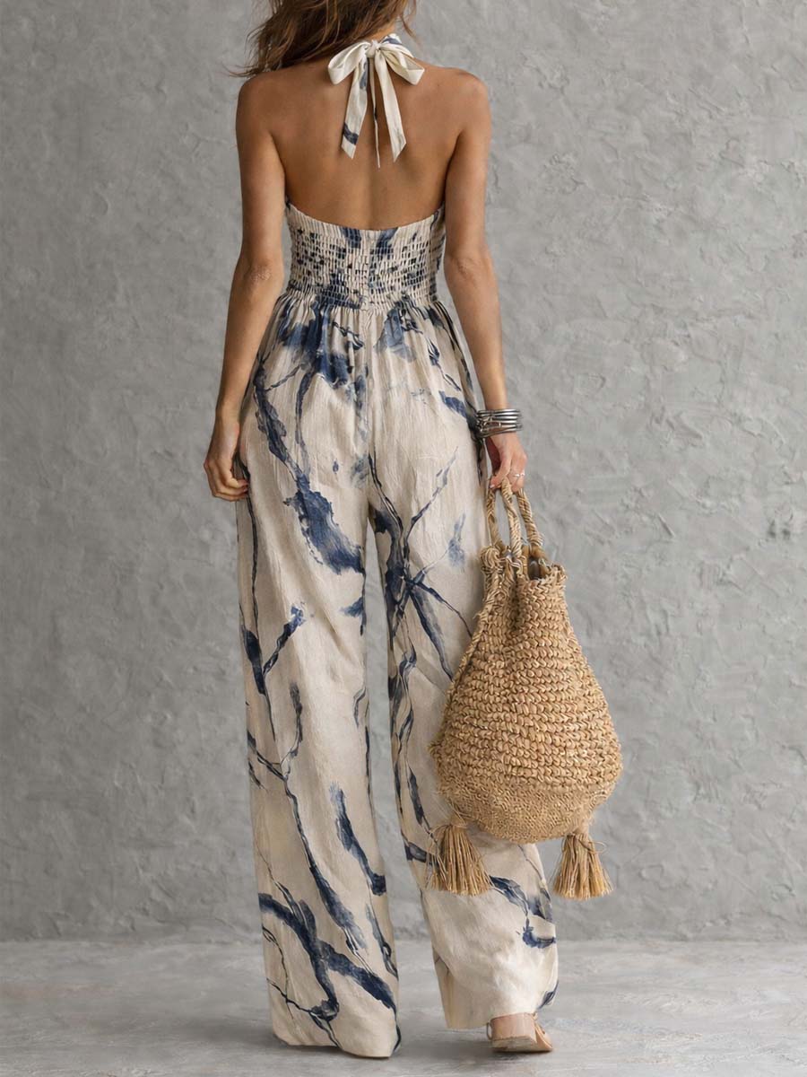 Abstract Print Halter Neck Wide Leg Jumpsuit