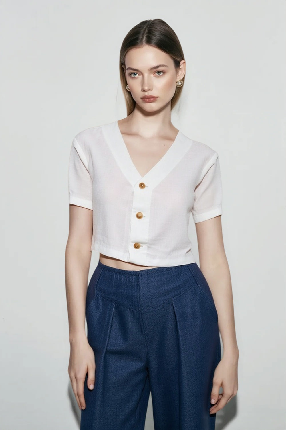 V-Neck Short Sleeve Contrast Placket Button Front Crop Top