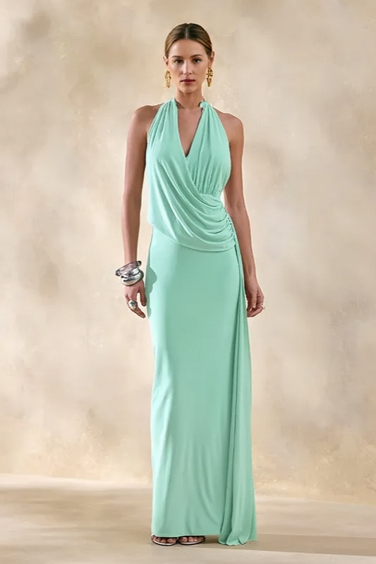 Halter Cowl Neck Ruched High Split Maxi Dress