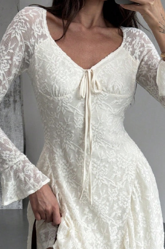 Lace Tie Front Ruched V-Neck Long Sleeve Bell Cuff Mini Dress